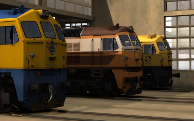 Imatge al simulador dels tres esquemes de pintura disponibles de la locomotora 319.2